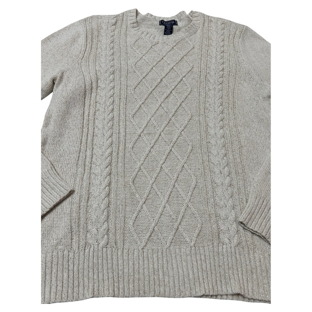 Chaps Cream Crewneck Cable Knit Sweater Woven With Sparkly Golden knit - Picture 2 of 6